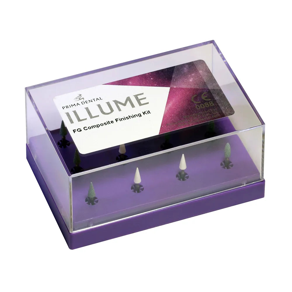 Beetle Dental purple display box with Prima Dental composite finishing kit showing assorted FG polishers and finishing burs