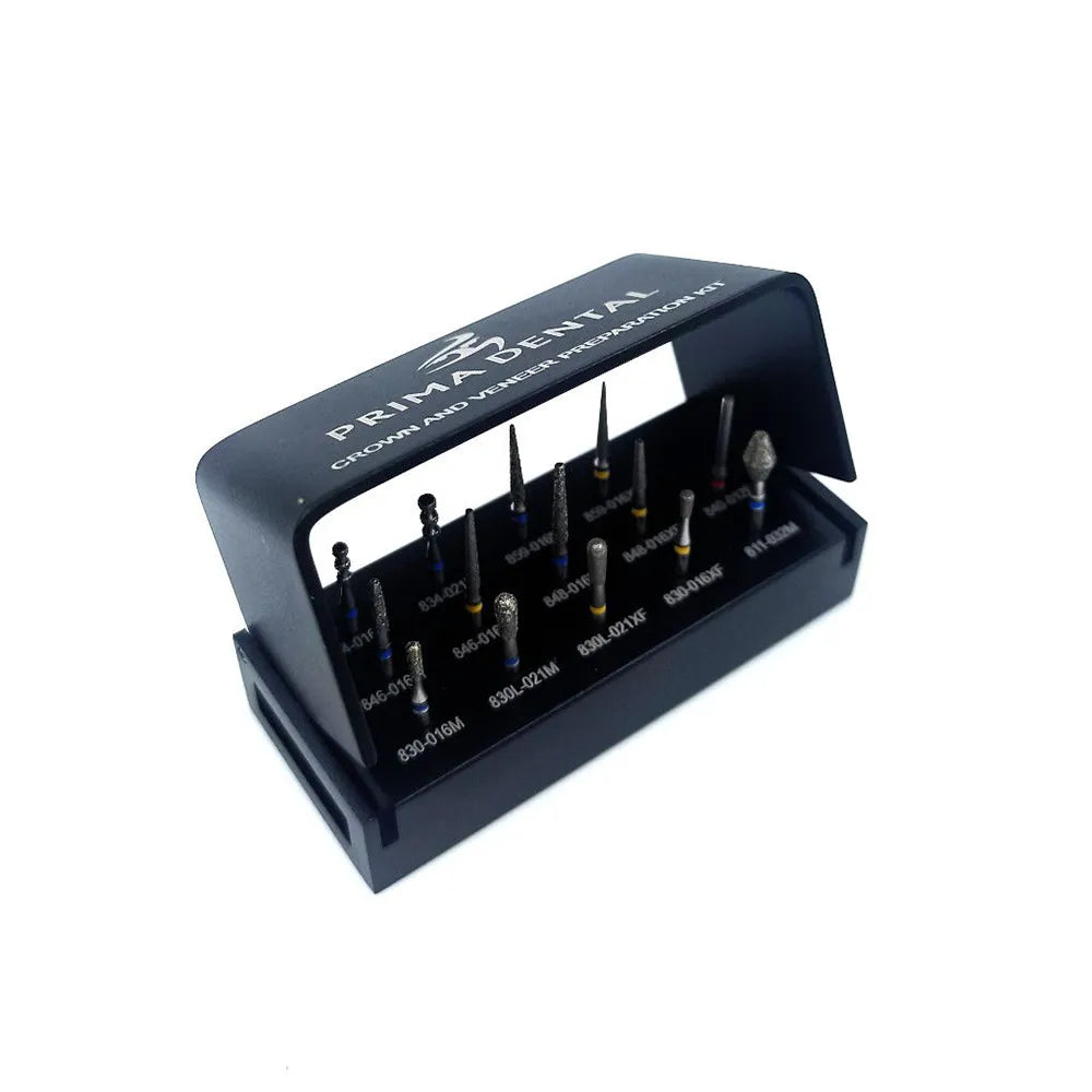 prima dental crown and veneer preparation kit dental burs set in black labeled storage case