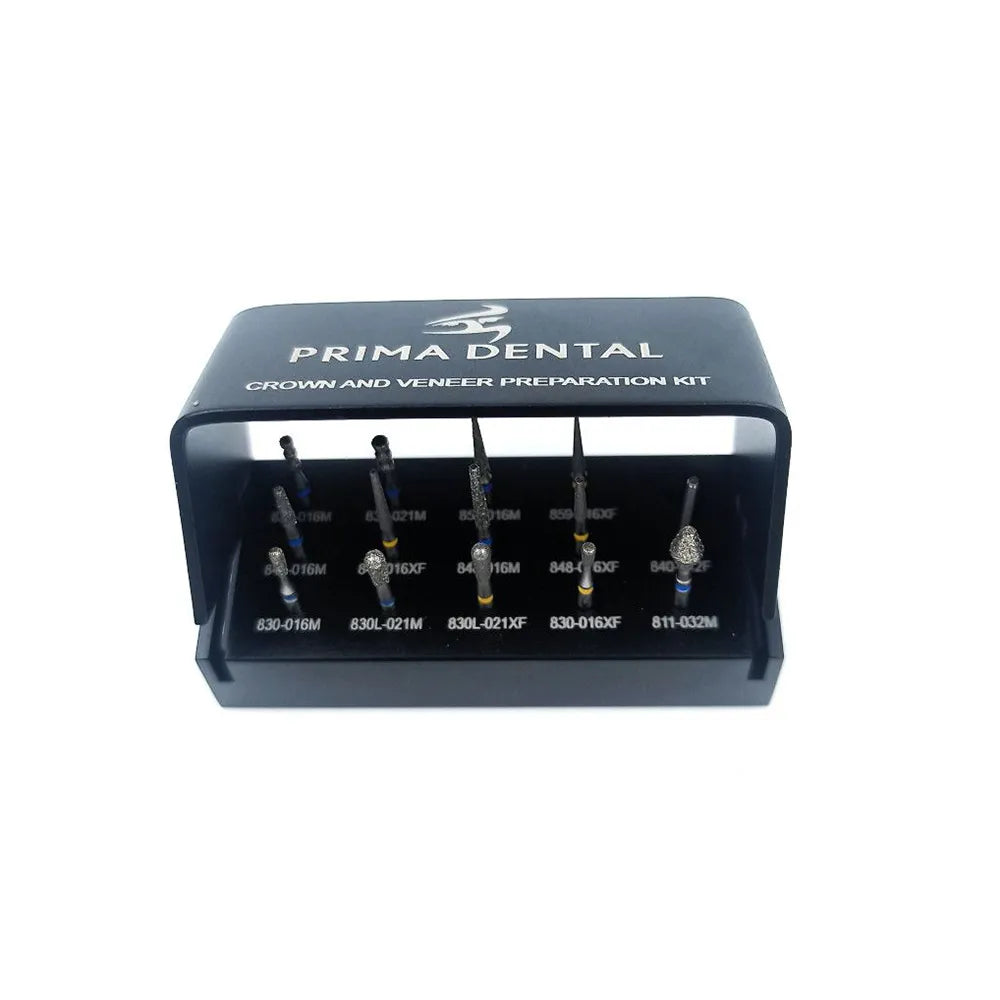 Prima Dental black stand with labeled burs for crown and veneer prep prima dental crown and veneer preparation kit