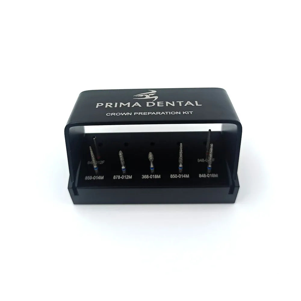 Beetle Dental prima dental crown preparation kit black stand displaying five diamond dental burs