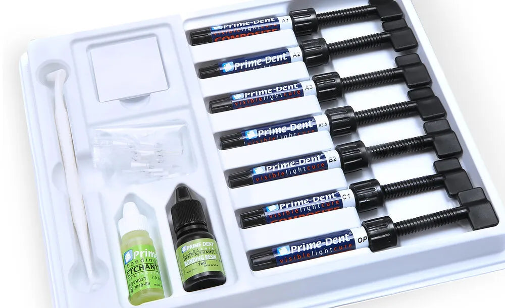 Beetle Dental Prime Dent composite kit tray with seven composite syringes bonding agent applicators