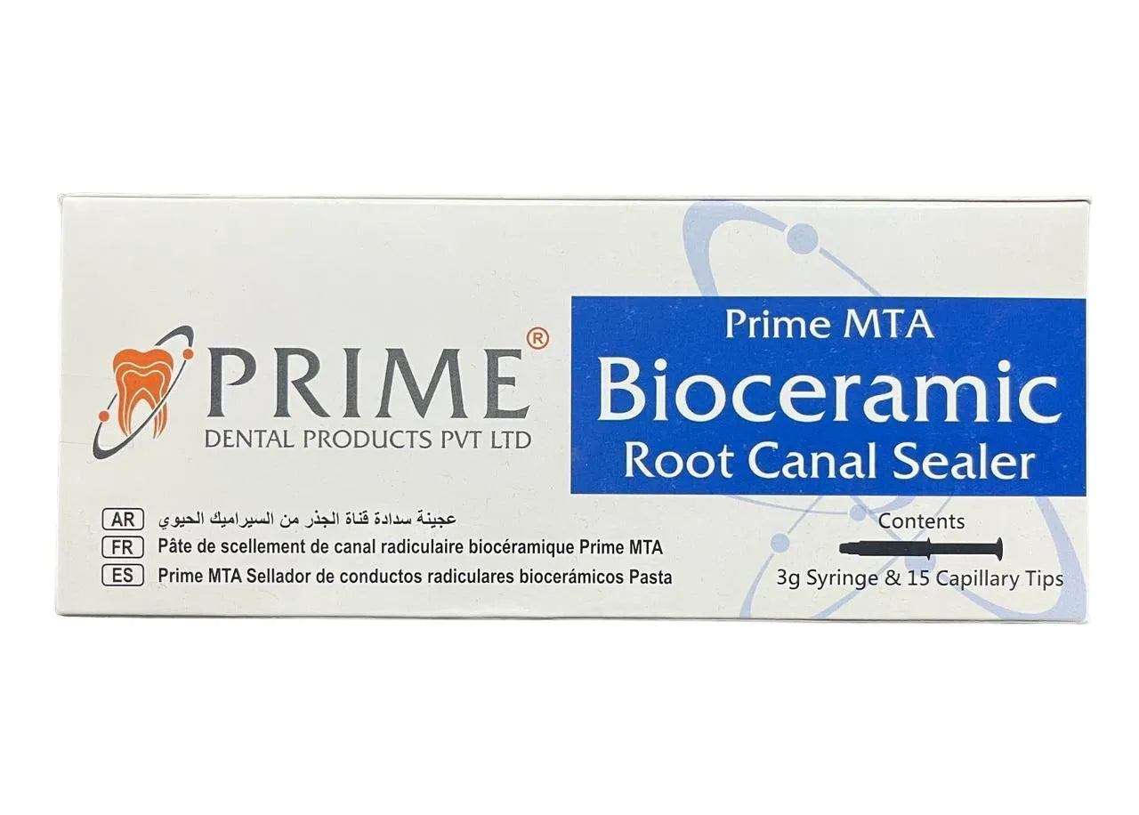Beetle Dental Prime MTA box showing bioceramic root canal sealer packaging with syringe and tips