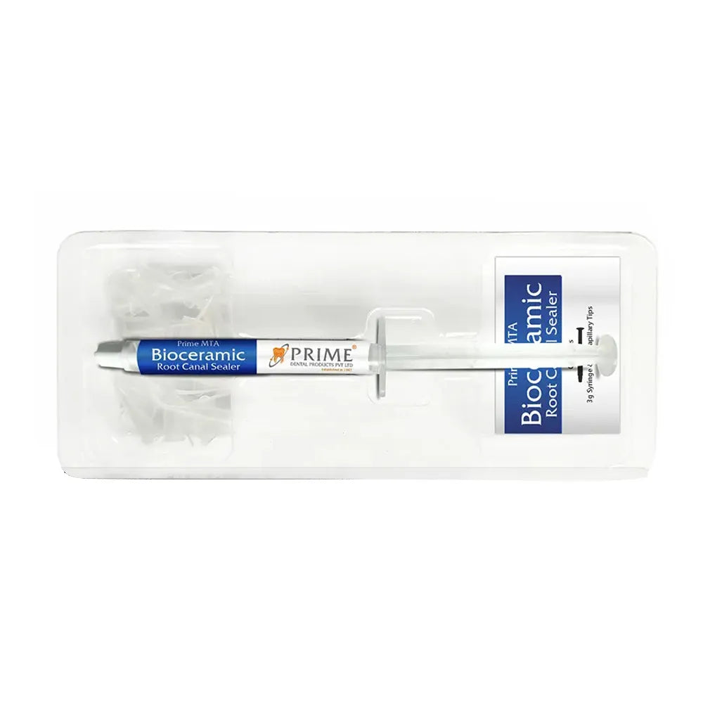 Beetle Dental Prime MTA bioceramic root canal sealer syringe in clear plastic tray for endodontics