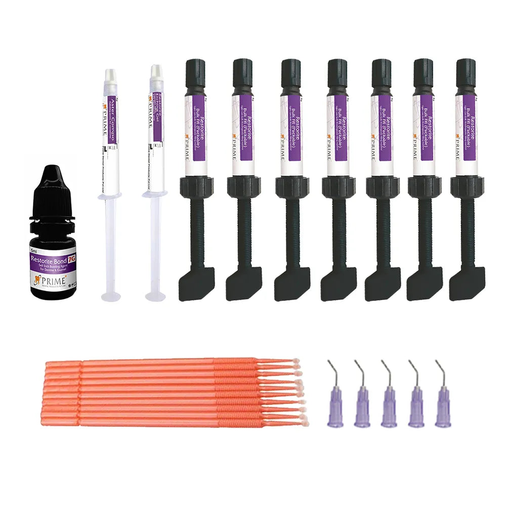 Prime Restorite bulk fill dental kit with multiple syringes adhesive bottle dispensing tips and microbrushes