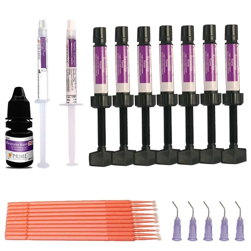 Prime Dental Restorite Nano Hybrid Kit with eight composite syringes bonding bottle microbrushes and dispensing tips
