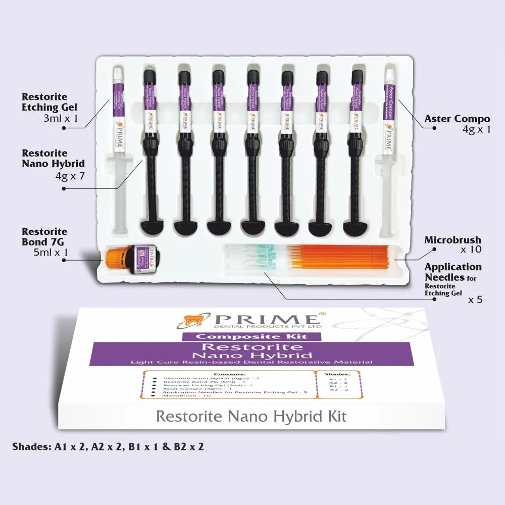 Prime Dental Restorite Nano Hybrid Kit tray with seven composite syringes bonding agent and accessories