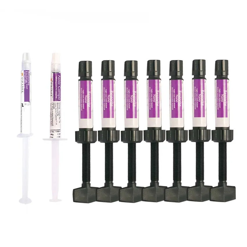 Prime Dental Restorite Nano Hybrid Kit set of purple labeled composite syringes and bonding applicator for restorations