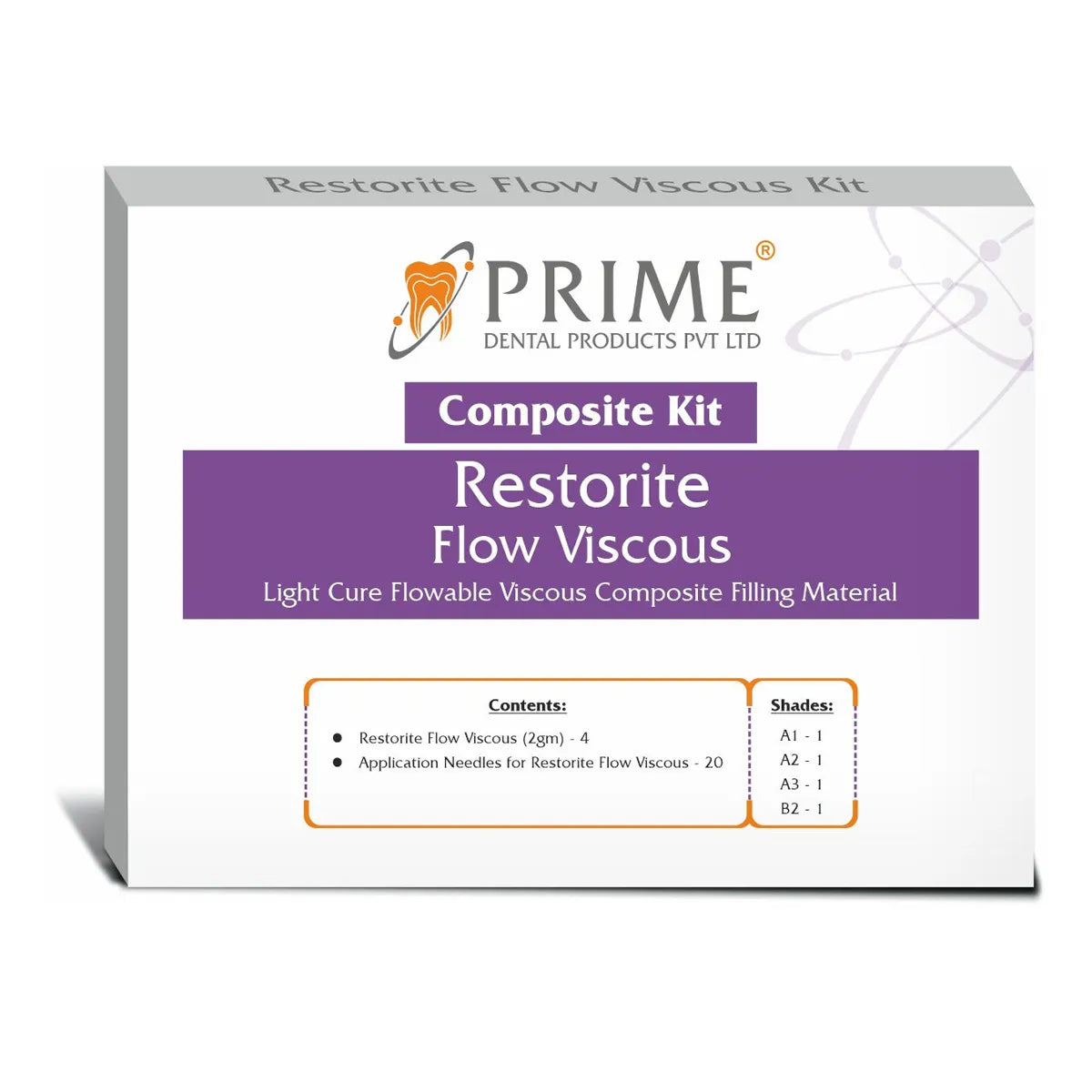 Prime Dental composite kit box labeled restorite flow viscous composite kit light cure flowable filling material