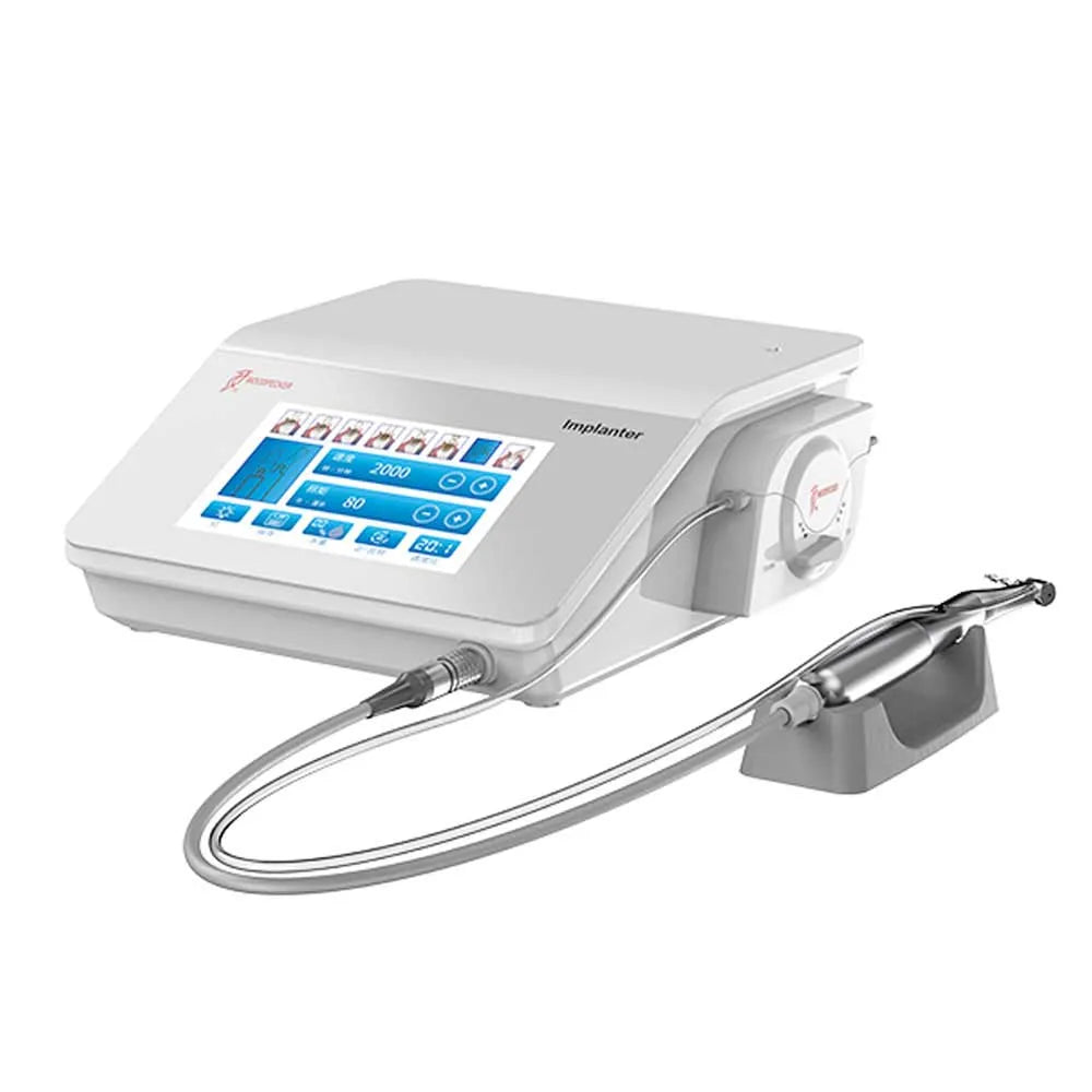 Beetle Dental surgical unit showing Woodpecker physiodispenser for dental implants. Compact touchscreen console and handpiece