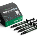 Box and four syringes of Dengo-Flow dental composite by Beetle Dental in black green syringes for restorative use