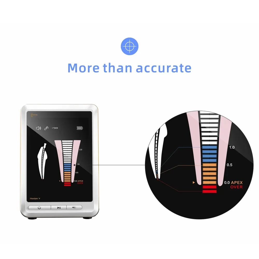 Woodpecker Apex Locator Woodpex Five dental apex locator device screen showing root canal distance bars