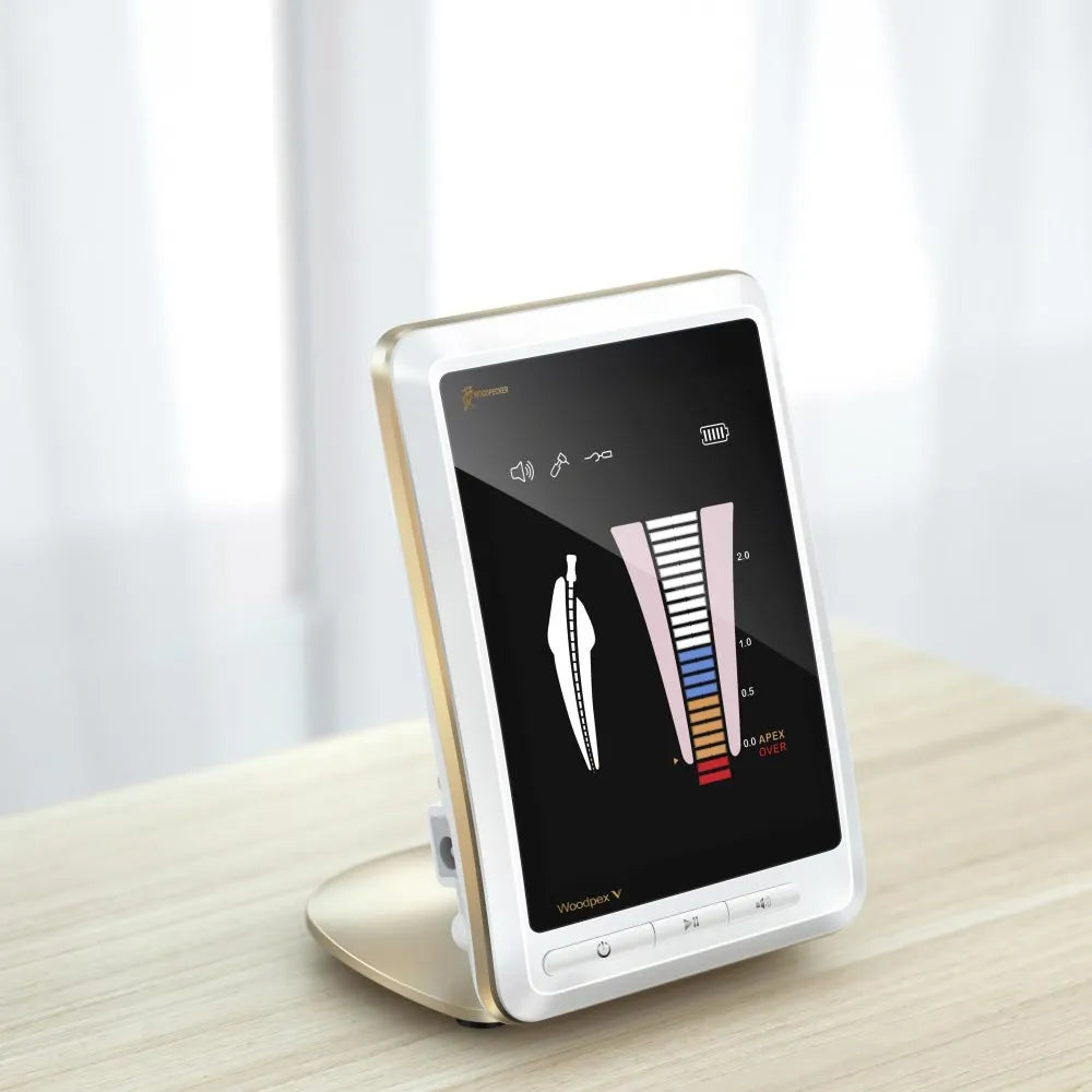 Woodpecker Apex Locator Woodpex Five dental apex locator on display stand showing root canal measurement screen