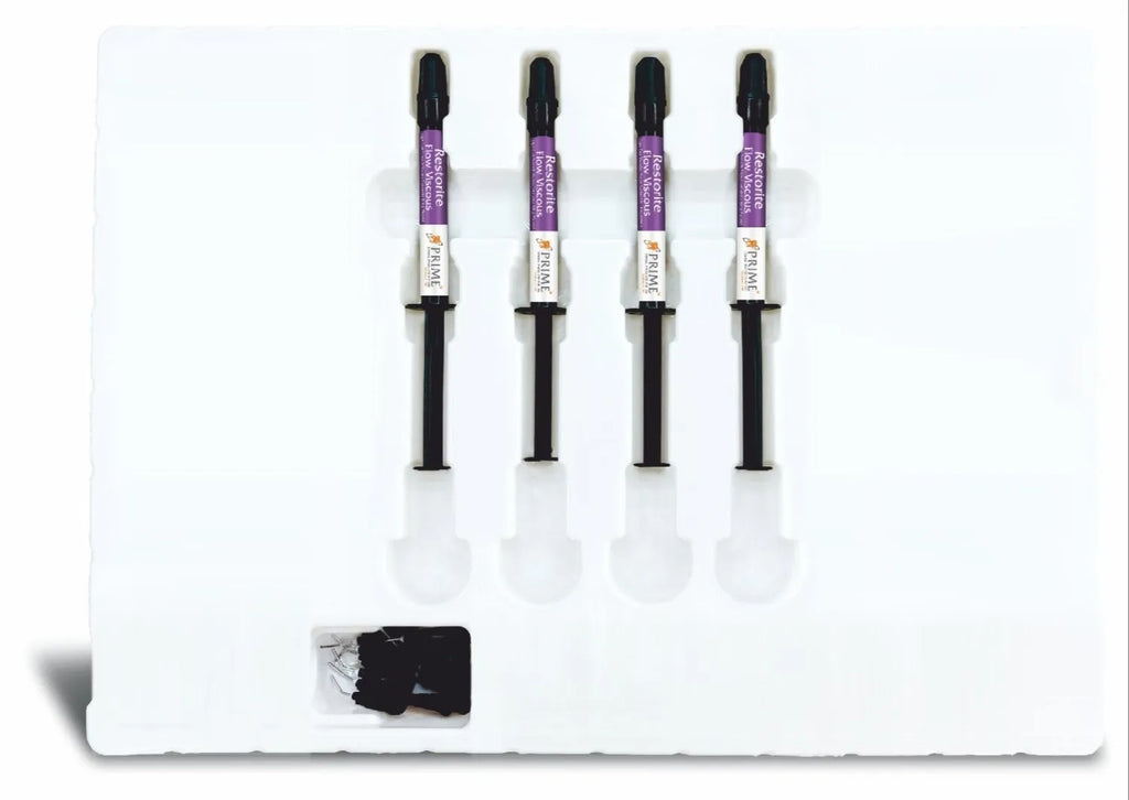 Beetle Dental restorite flow viscous composite kit with four purple labeled syringes in white foam tray
