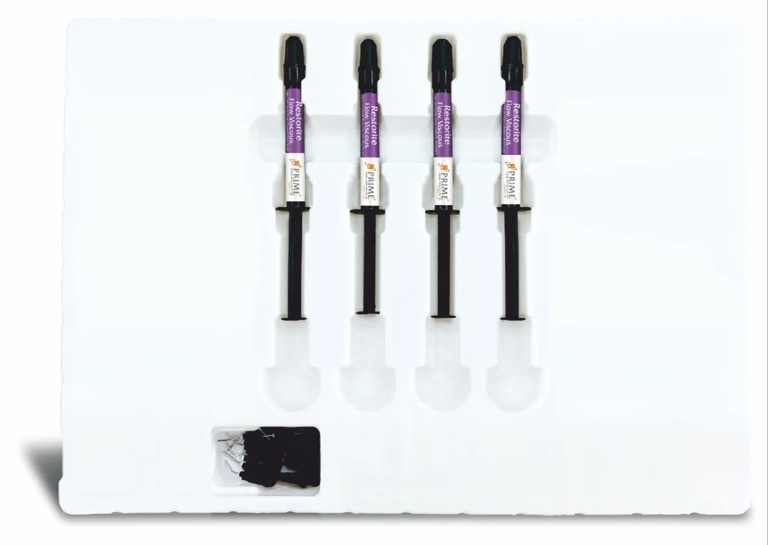 Beetle Dental restorite flow viscous composite kit with four purple labeled syringes in white foam tray