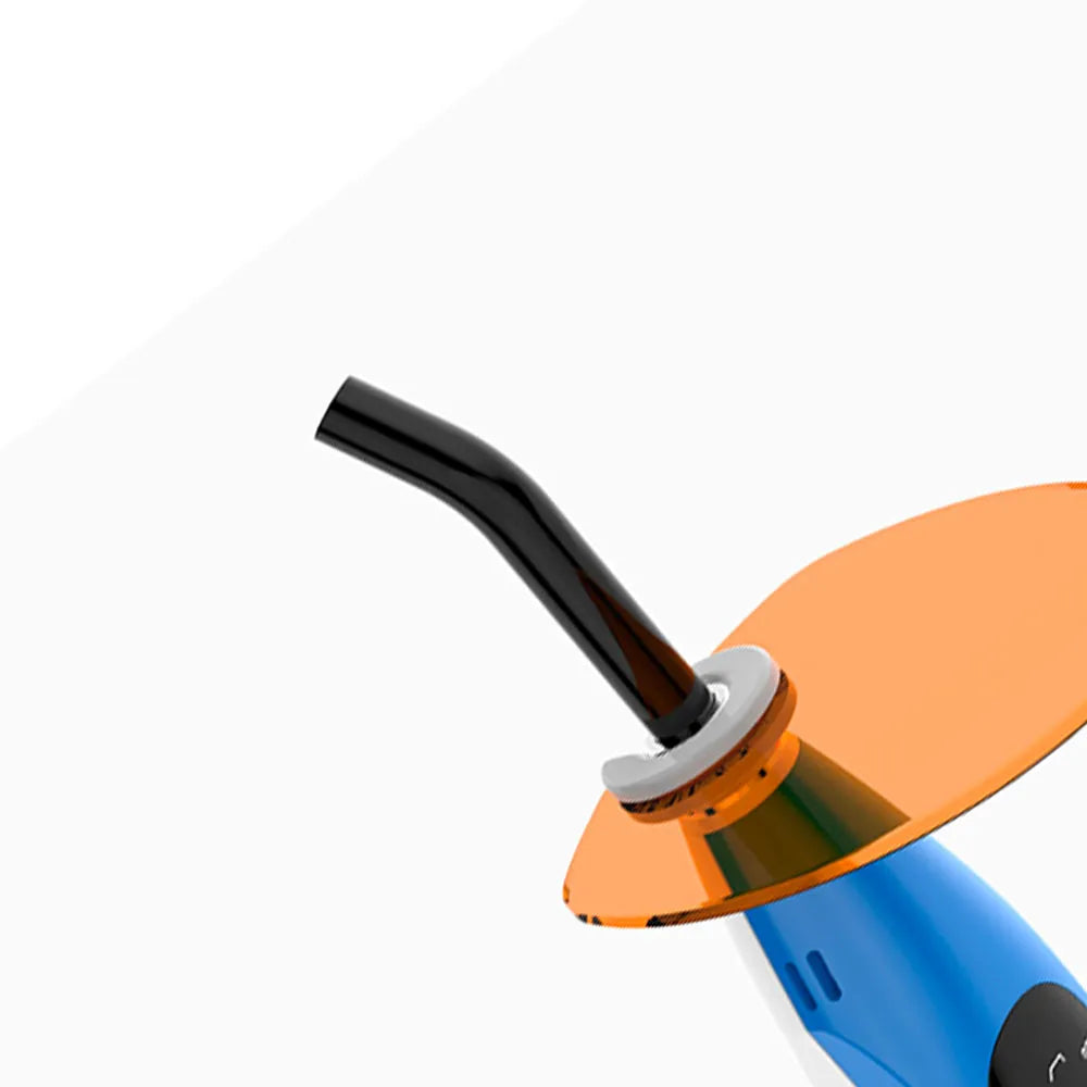 Woodpecker LED D Light Probe blue curing light with orange protective shield and black curved tip