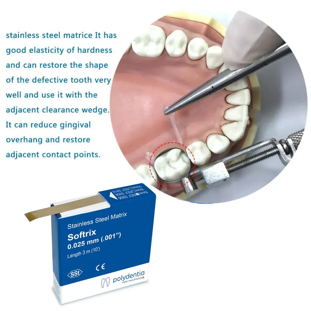 Dental clinician applying Polydentia Softrix stainless steel matrix strips around a molar with clamp and product box