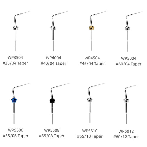 Beetle Dental assortment of Woodpecker Fi-P obturation pen tips showing multiple sizes and tapers for endodontic filling