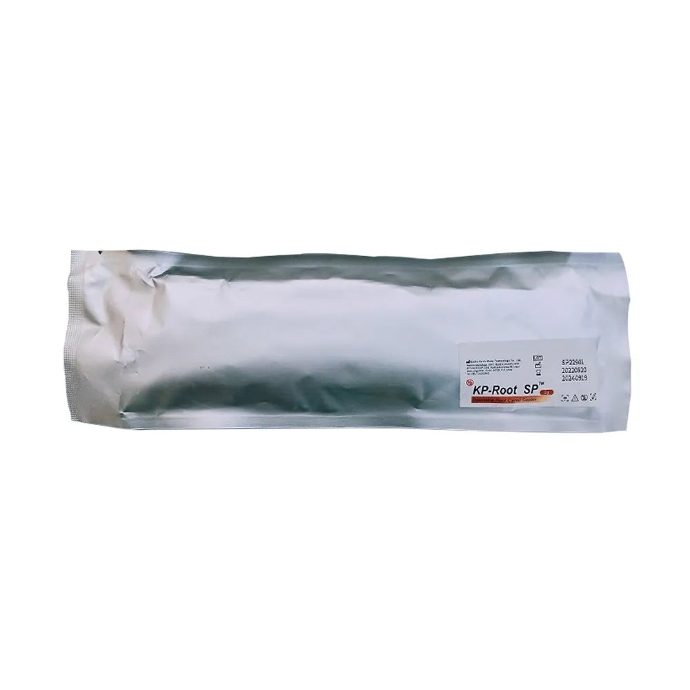 Silver foil pouch packaging with small label containing Woodpecker KP Root canal sealer for endodontic use