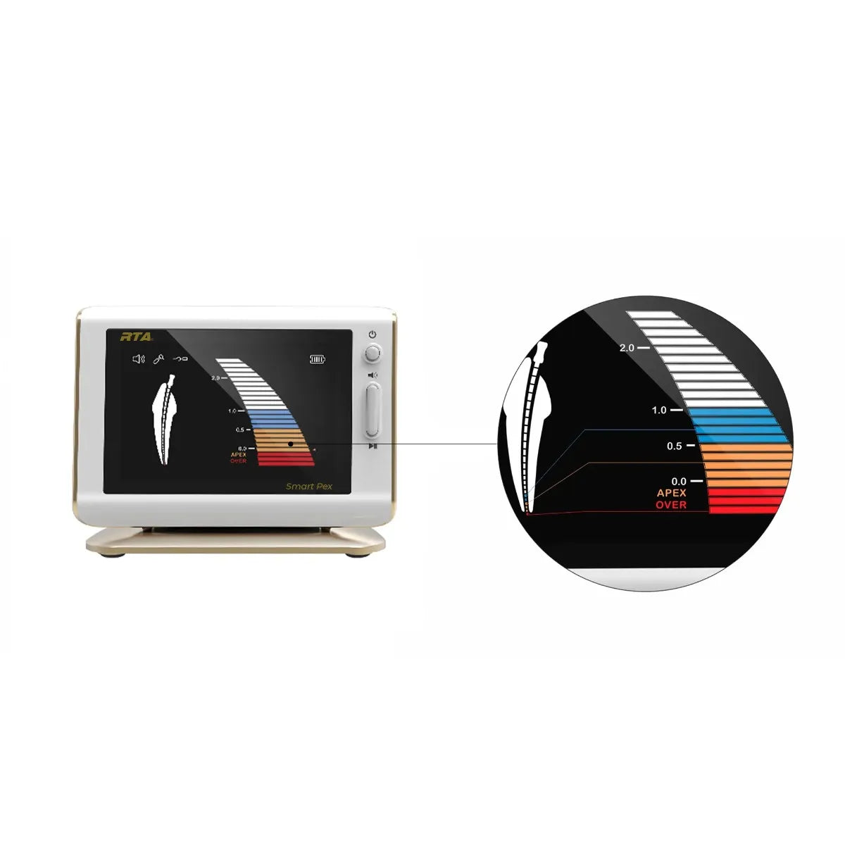 Beetle Dental smart apex locator for dentists on screen showing tooth diagram and colored depth scale