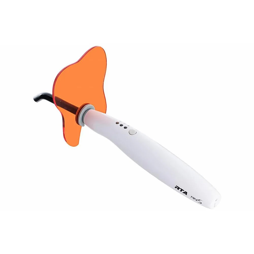 Woodpecker Mini S light cure LED dental curing wand with ergonomic white handle and orange shield