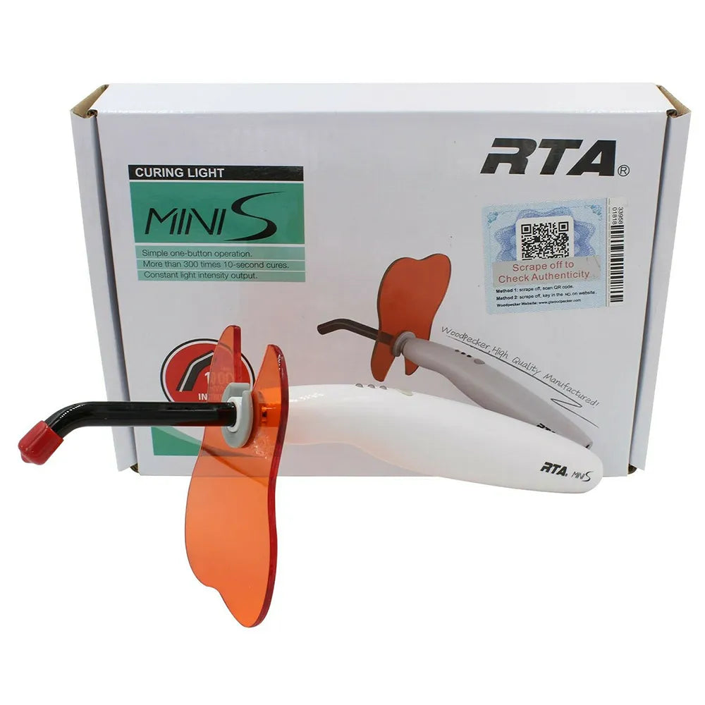 Beetle Dental Woodpecker Mini S light cure LED handheld dental curing light with orange shield and packaging