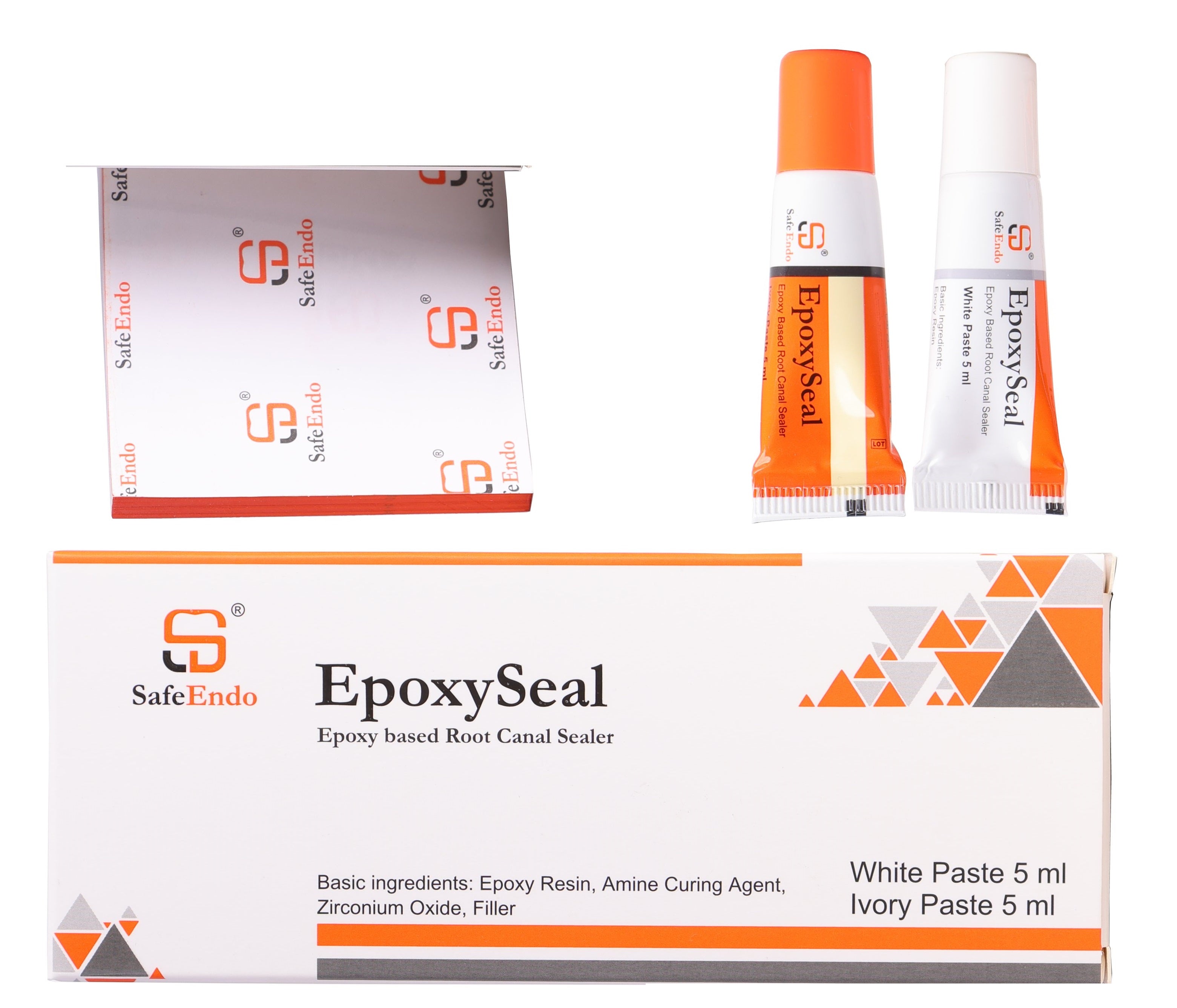 Safe Endo EpoxySeal dental sealer white and ivory paste tubes with packaging box for root canal treatment