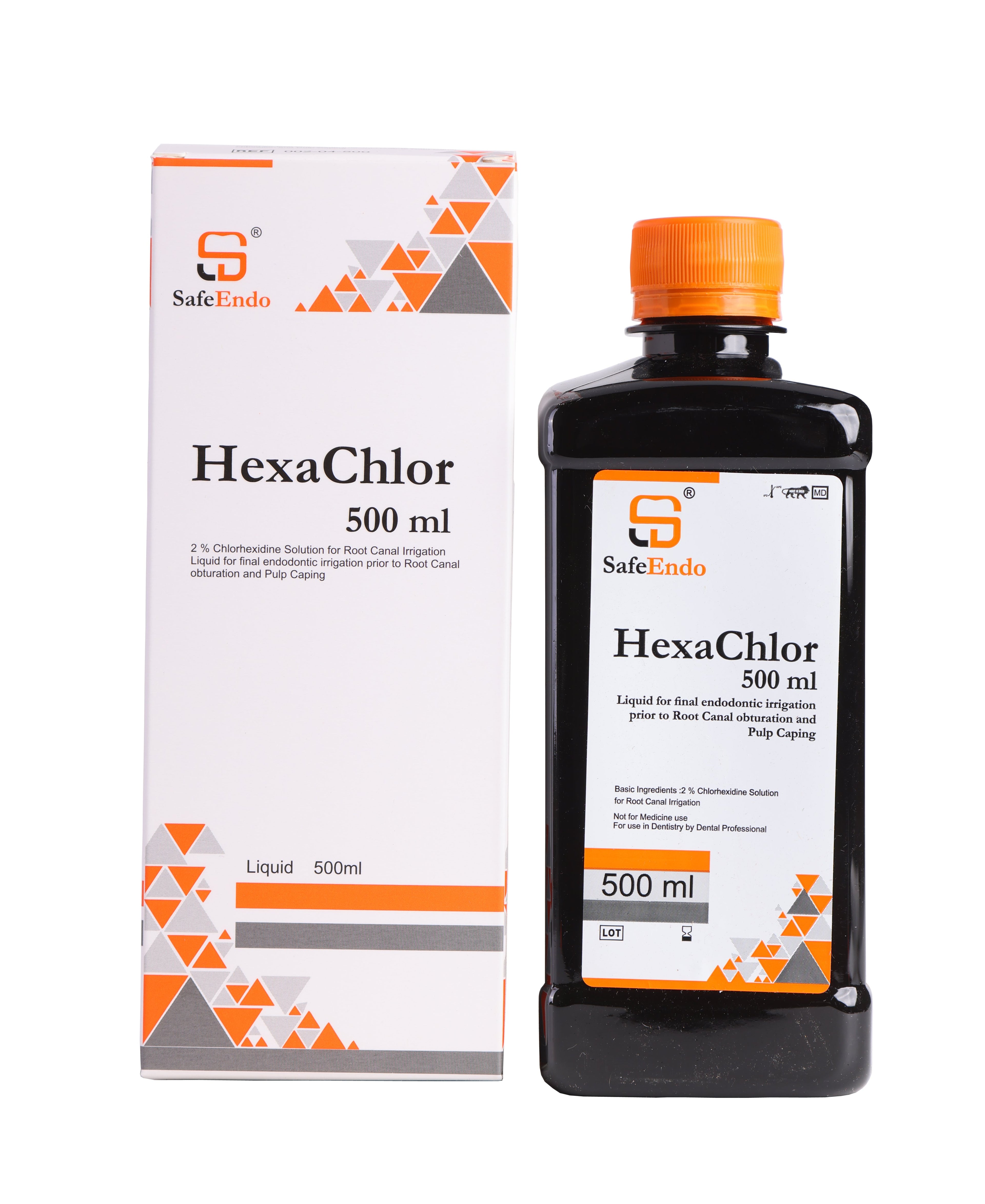 Safe Endo HexaChlor solution in a 500 ml bottle with packaging for dental use