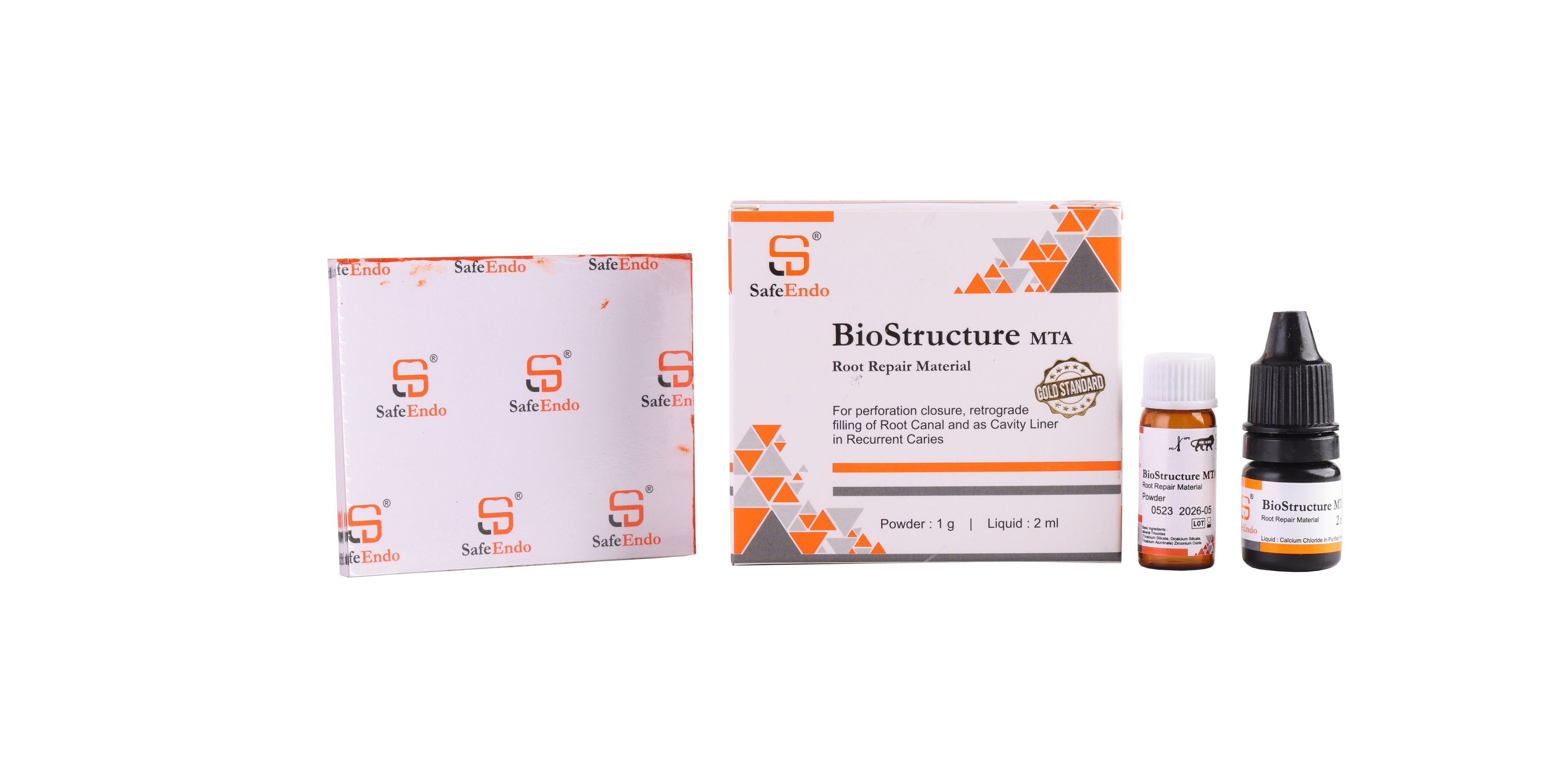 SafeEndo Biostructure MTA root repair kit with powder and liquid components for dental applications