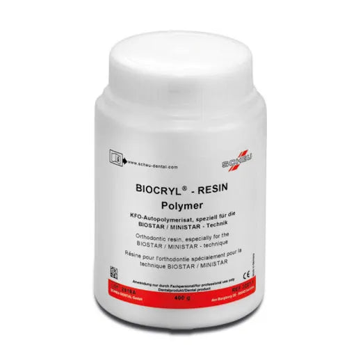 Beetle Dental jar of Scheu Biocryl resin polymer orthodontic acrylic powder in white plastic container