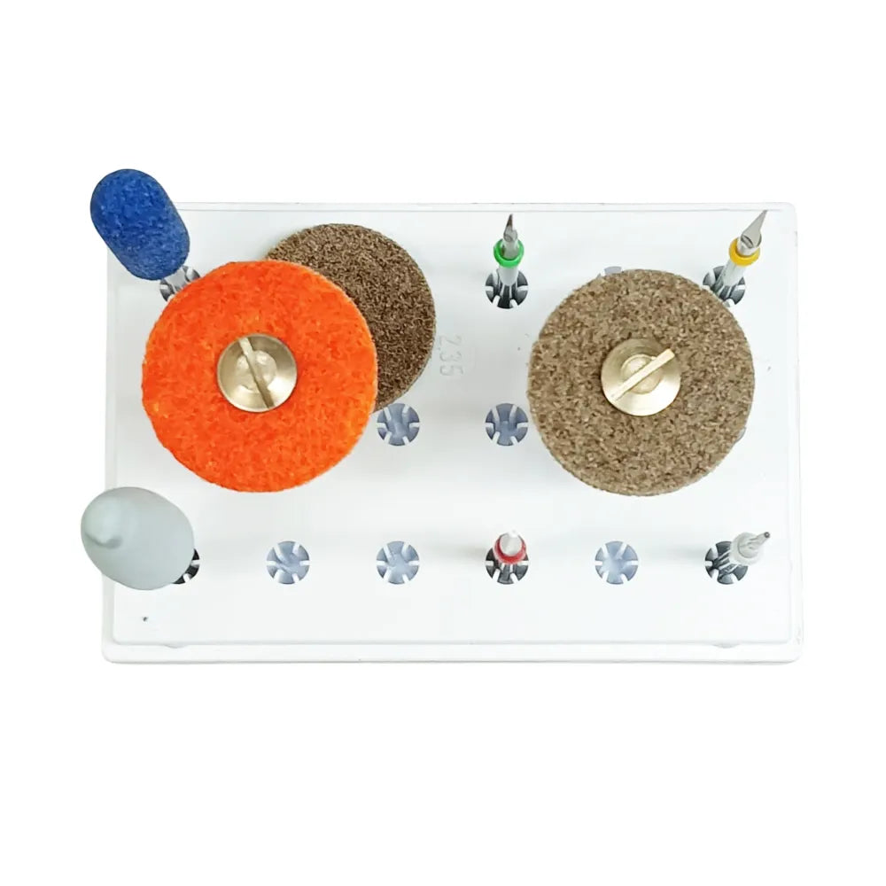 Scheu Finishing Set 3378 dental polishing discs and polishers on white holder tray by Beetle Dental