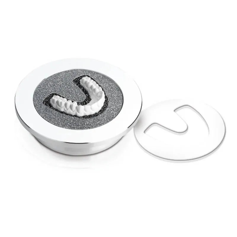 Beetle Dental Scheu Pellet Cover dental caps round metal tray with foam insert holding lower dental arch model and lid