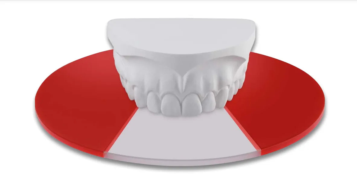 Scheu Bioplast Xtreme dental sheets shown on a white dental model on a red circular base for clear aligners