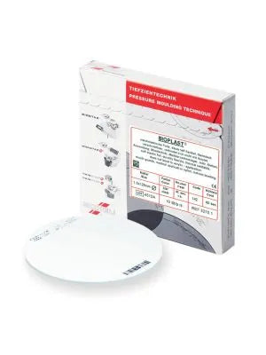 Pack of Scheu Copyplast C dental sheets by Beetle Dental showing white round thermoforming sheet and product box