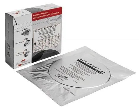 Scheu Durasoft Pre Dried dental sheets box and sealed foil pouch showing a round molding sheet