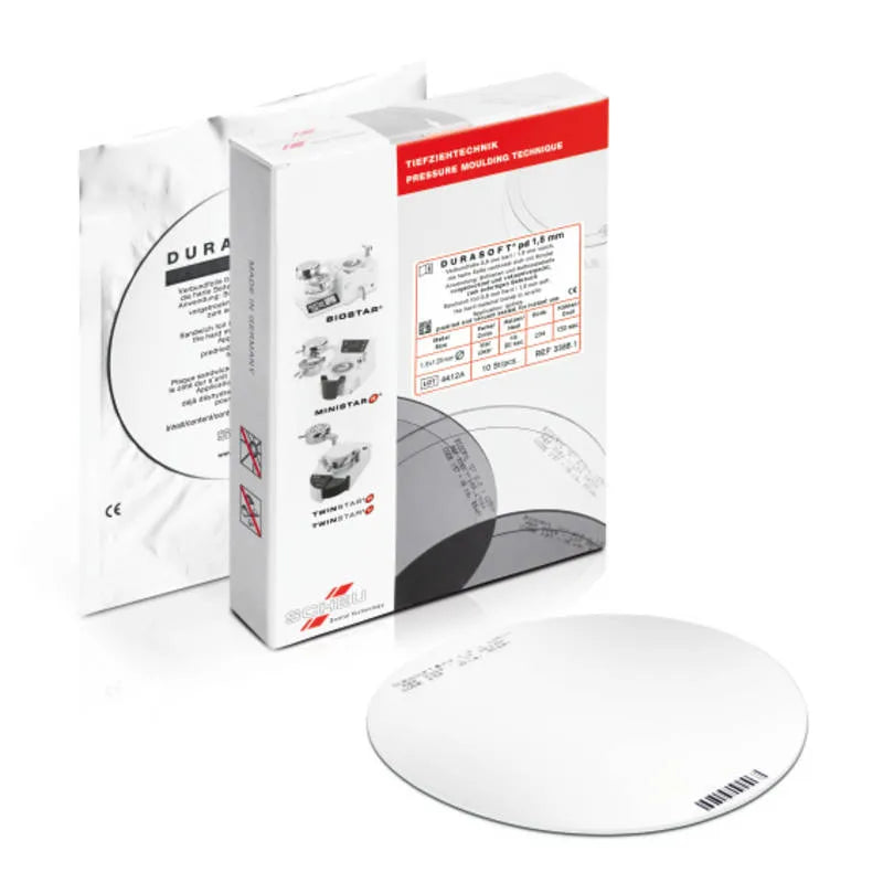 Scheu Durasoft Pre Dried dental sheets package and round white dental disc with foil pouch