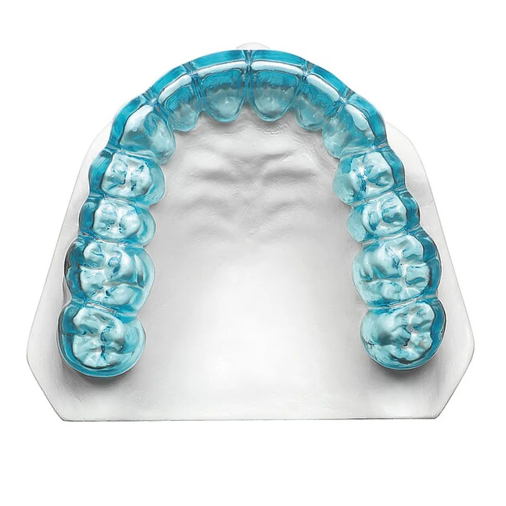Scheu Durasoft Pre Dried dental sheets molded on upper dental model for soft thermoformed retainers