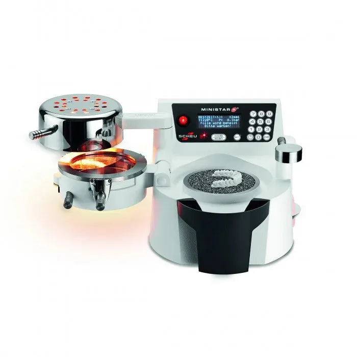 Scheu Ministar S dental thermoforming unit with digital control panel dual heating chambers and dental model