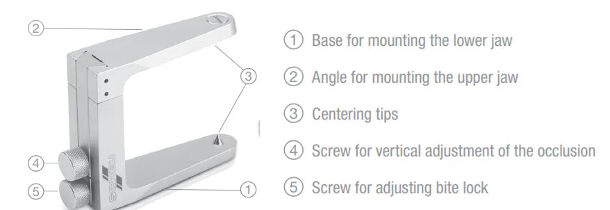 Scheu Split Fixator dental tool metal articulator with labeled mounting base angle centering tips and adjustment screws