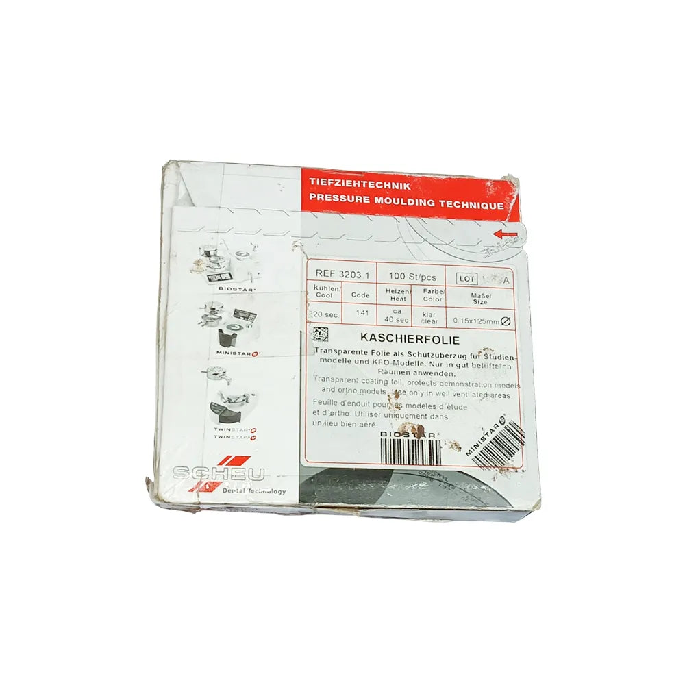 Box of Scheu transparent coating foil for pressure moulding 100 pcs Beetle Dental packaging label