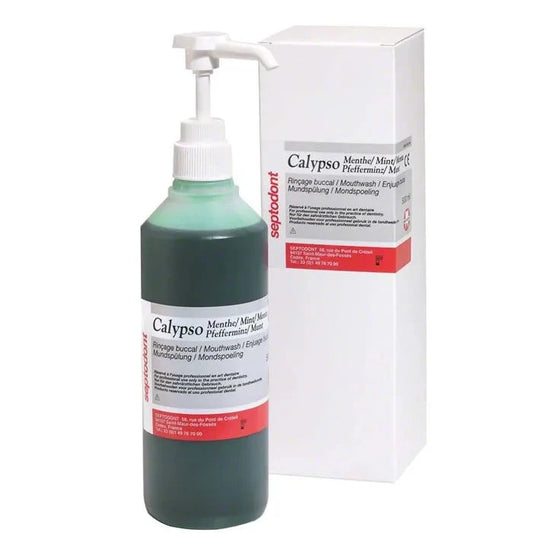 Septodont Calyspo mouthwash in green bottle with pump dispenser for oral hygiene
