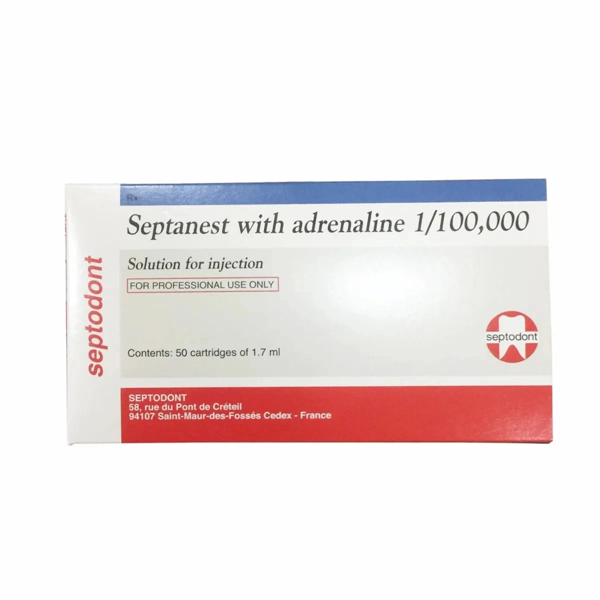 Septodont Septanest dental anesthesia with adrenaline in a box of 50 cartridges for dental professionals