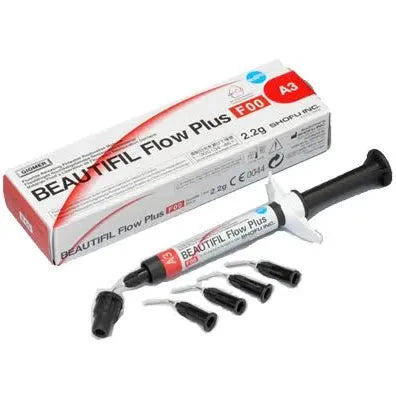 Shofu Beautifil Flow Plus dental composite syringe with multiple dispensing tips for dental restorations