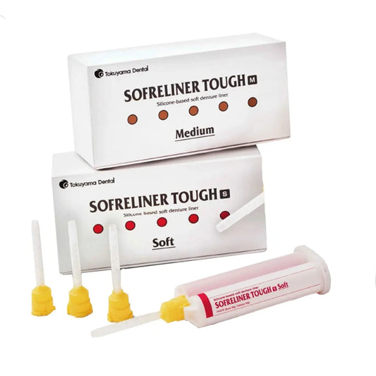 Tokoyama Sofreliner Tough dental products package with soft and medium liners and applicator tips