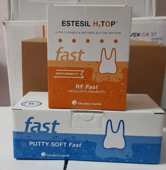 Tokoyama Estesil H2 TOP Putty Set in boxes showcasing ultra flowable silicone material for dental use