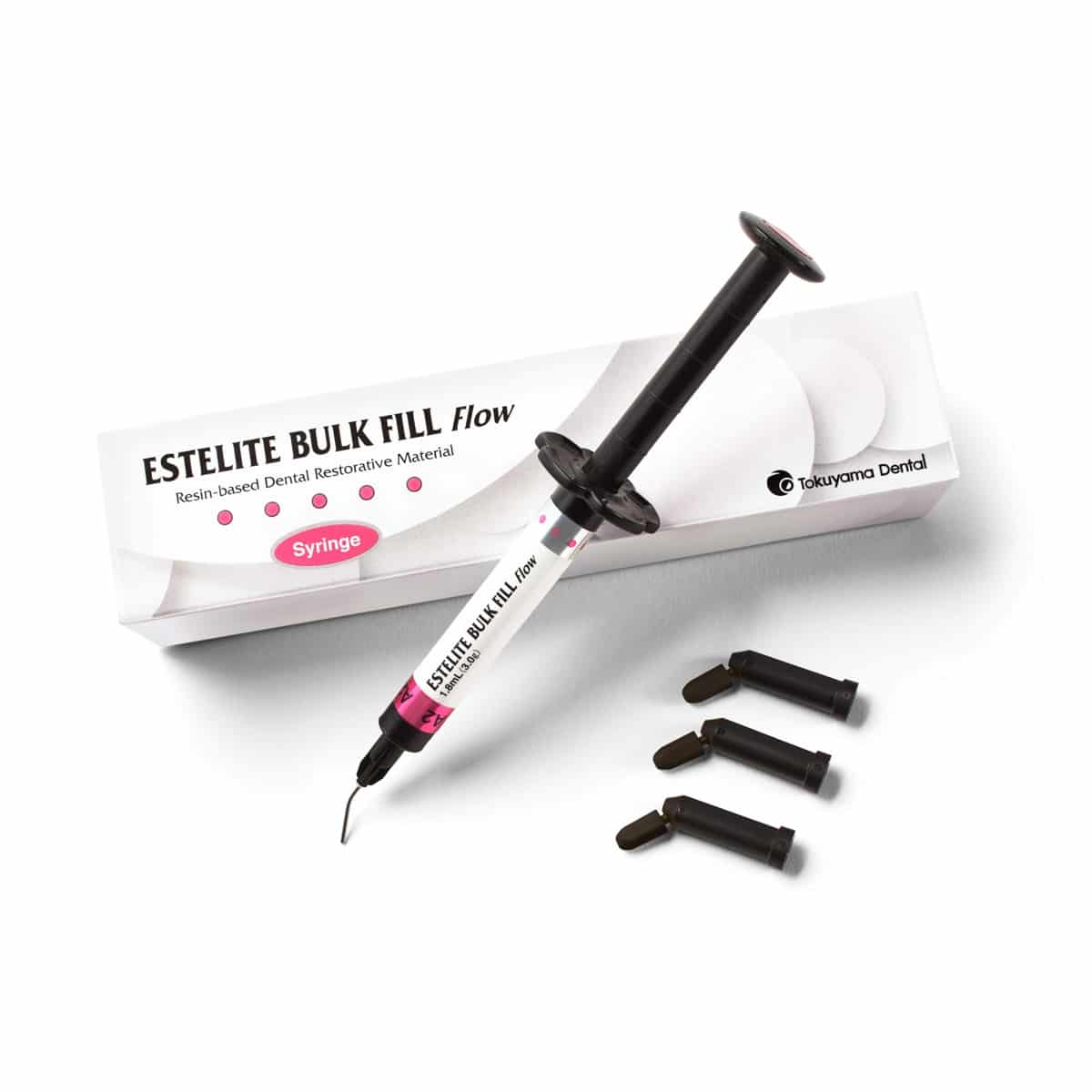 Tokuyama Estelite Bulk Fill Flowable Syringe with three nozzles for dental restorative applications