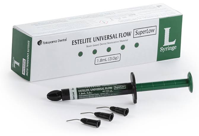 Tokuyama Estelite Universal Flow dental composite syringe with applicator tips for precise dental work