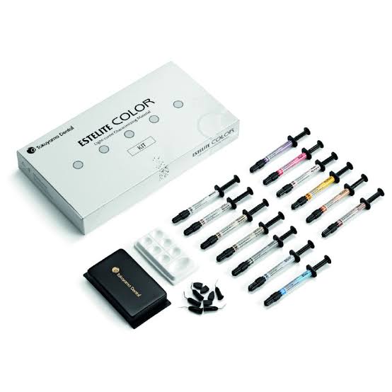 Tokoyama Estellite Color Flowable Composite kit with various syringes and accessories for dental use