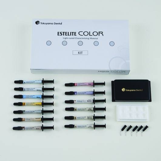 Tokoyama Estellite Color Flowable Composite Kit with various shades and application tools for dental use