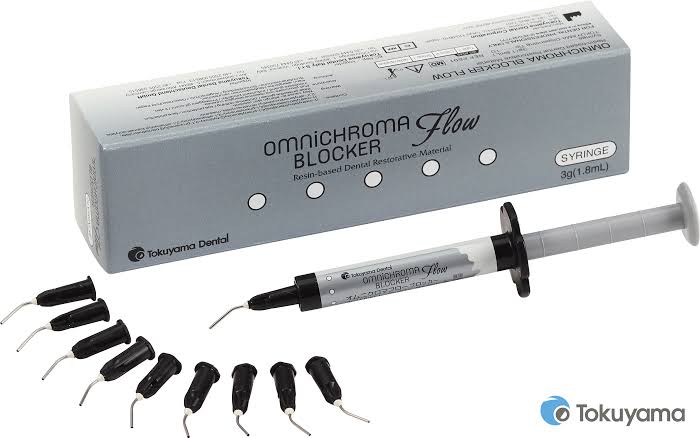 Tokuyama Omnichroma Blocker Flow dental composite in a syringe with multiple applicator tips