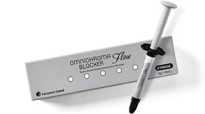 Tokuyama Omnichroma Blocker Flow dental composite in a syringe with packaging for dental restoration